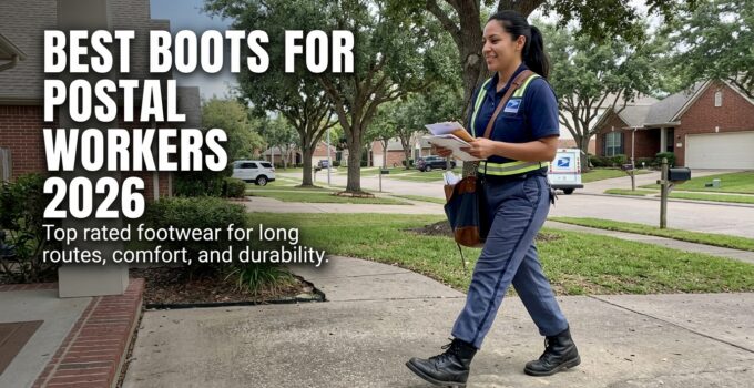 An postal worker walking outdoors in a suburban neighborhood, wearing durable black boots, holding mail and packages, with trees and houses in the background.
