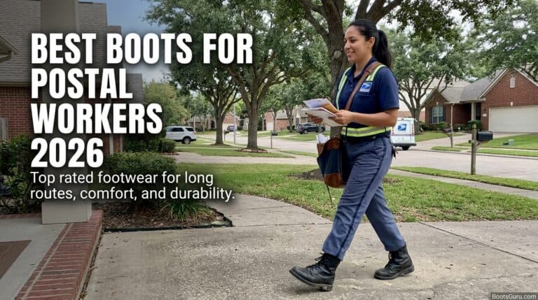 An postal worker walking outdoors in a suburban neighborhood, wearing durable black boots, holding mail and packages, with trees and houses in the background.