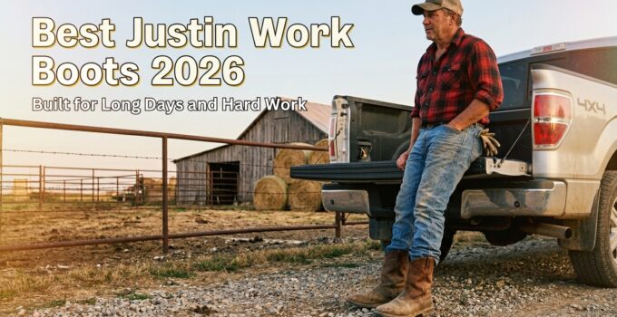Durable Justin work boots shown on a rugged farm setting, ideal for long days and hard work, offering comfort and protection for outdoor labor.