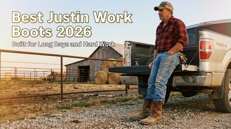 Durable Justin work boots shown on a rugged farm setting, ideal for long days and hard work, offering comfort and protection for outdoor labor.