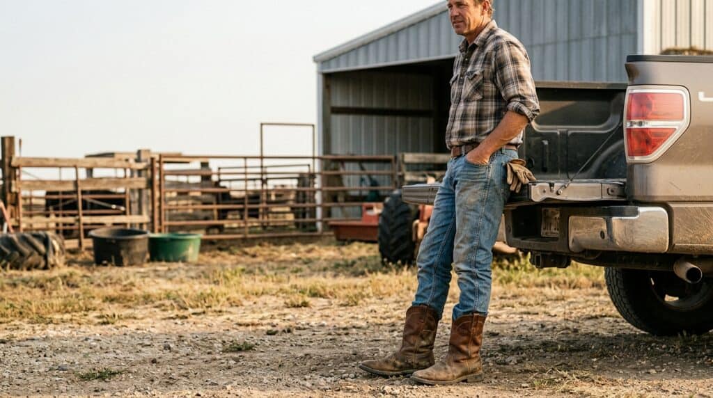Durable men's work boots standing outdoors near a truck on a farm. Perfect for outdoor labor, offering comfort and protection in rugged environments.