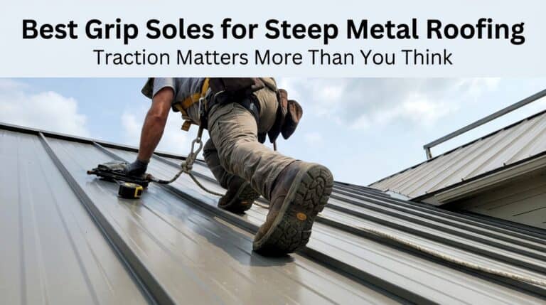 Close-up of a worker installing metal roofing with slip-resistant boots on a steep roof.