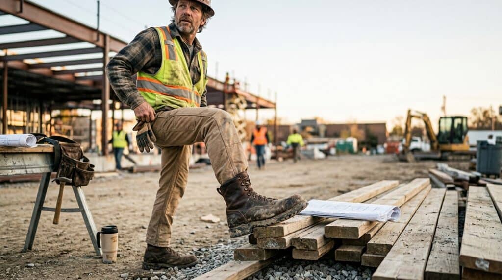 Construction worker inspecting plans on a wooden beam at a busy construction site during sunset, wearing safety gear including a helmet and reflective vest.