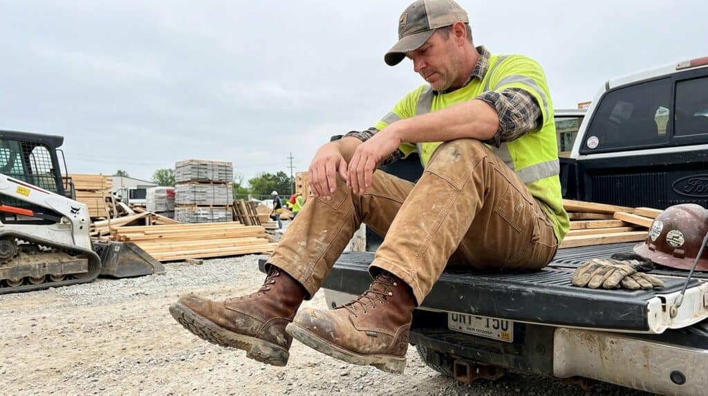 Construction worker wearing durable safety boots and high-visibility vest sitting on a truck at a busy construction site.