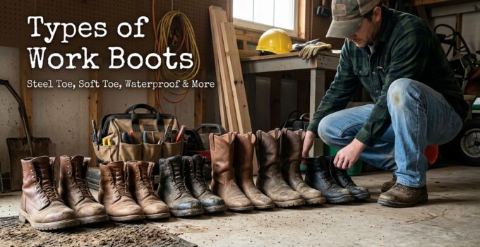 A man inspecting various work boots in a workshop, showcasing different styles including steel toe, soft toe, and waterproof options for industrial safety.