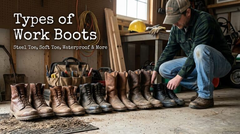 A man inspecting various work boots in a workshop, showcasing different styles including steel toe, soft toe, and waterproof options for industrial safety.