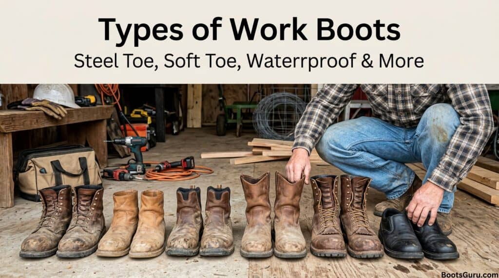 Durable work boots displayed on a wooden table in a workshop, showcasing various styles including steel toe, soft toe, and waterproof options for different job needs.