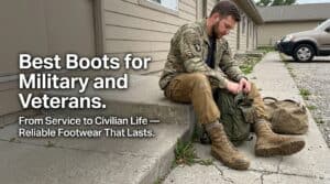 Man in military uniform sitting on concrete steps, tying his boots with military gear nearby, highlighting durable footwear for military personnel and veterans.