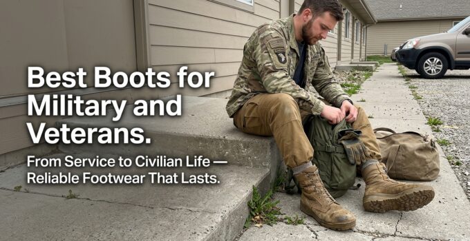 Man in military uniform sitting on concrete steps, tying his boots with military gear nearby, highlighting durable footwear for military personnel and veterans.