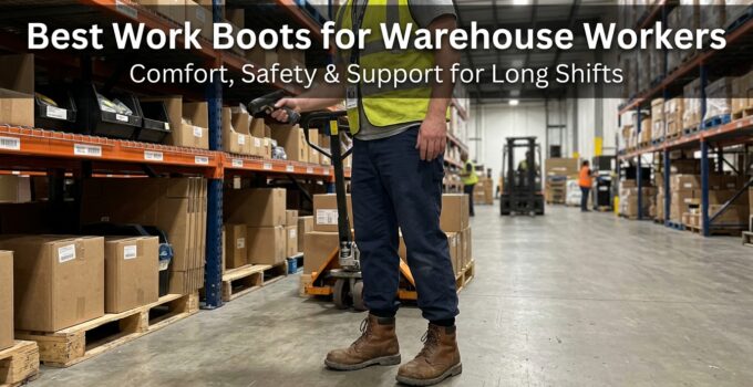 Warehouse worker wearing durable work boots in a storage facility, surrounded by shelves with boxes, emphasizing safety and comfort for long shifts.