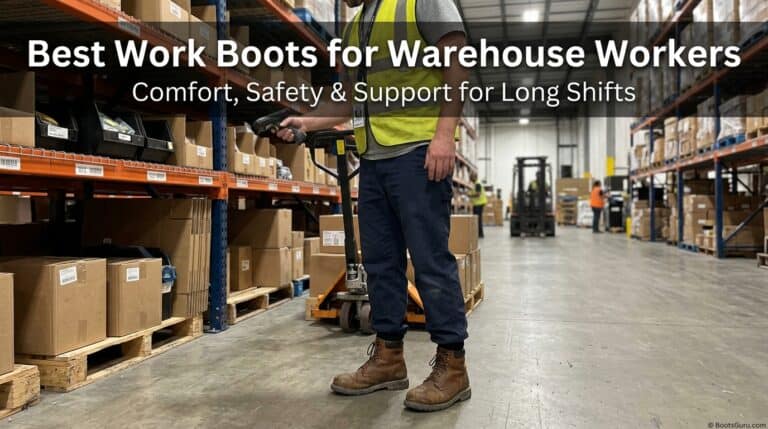 Warehouse worker wearing durable work boots in a storage facility, surrounded by shelves with boxes, emphasizing safety and comfort for long shifts.