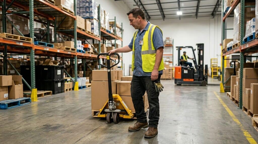 Warehouse worker in safety boots operating a hand truck in a warehouse with shelves and boxes.