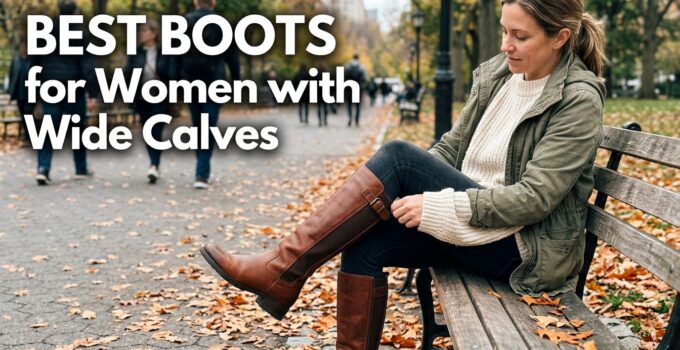 Comfortable women's wide calf boots on a park bench, perfect for autumn weather. Stylish and supportive footwear designed for women with wider calves, ideal for outdoor activities and casual wear.