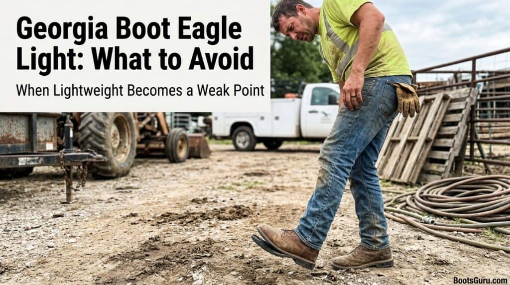 An outdoor worker inspecting his Georgia Boot Eagle Light work boots on a construction site with heavy machinery and tools in the background.