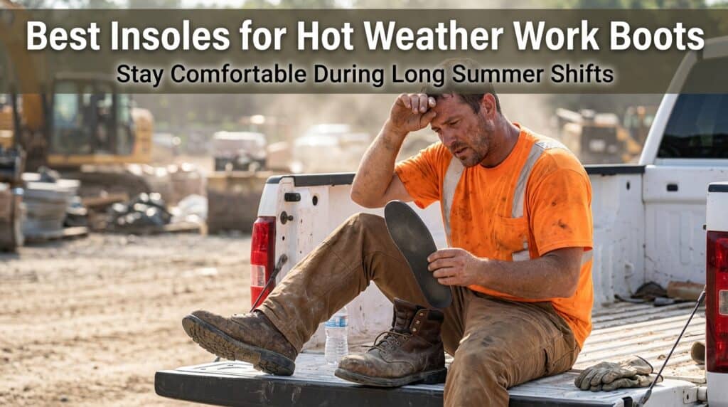Man sitting on truck bed adjusting insoles in work boots on a hot outdoor construction site.