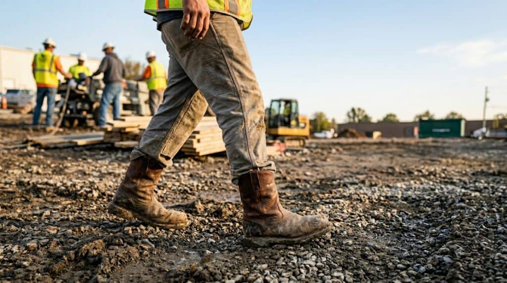 Construction worker wearing durable work boots walking on gravel at a busy construction site with other workers and machinery in the background.