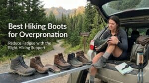 A woman preparing for a hike with a selection of hiking boots displayed on a table outdoors, surrounded by a forest and mountain landscape.