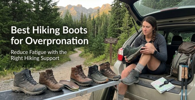 A woman preparing for a hike with a selection of hiking boots displayed on a table outdoors, surrounded by a forest and mountain landscape.