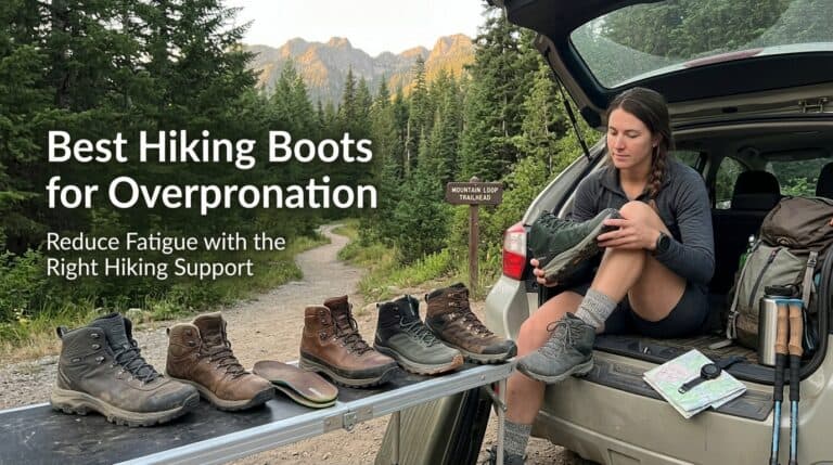 A woman preparing for a hike with a selection of hiking boots displayed on a table outdoors, surrounded by a forest and mountain landscape.