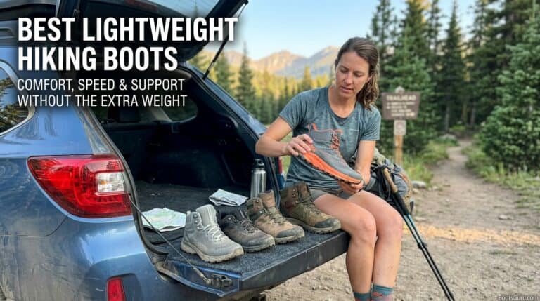 Woman sitting on car trunk with hiking boots, preparing for a hike in a forested mountain area.
