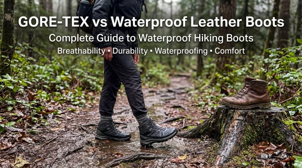 Comparison of GORE-TEX and waterproof leather hiking boots in a forest setting, highlighting breathability, durability, waterproofing, and comfort features.
