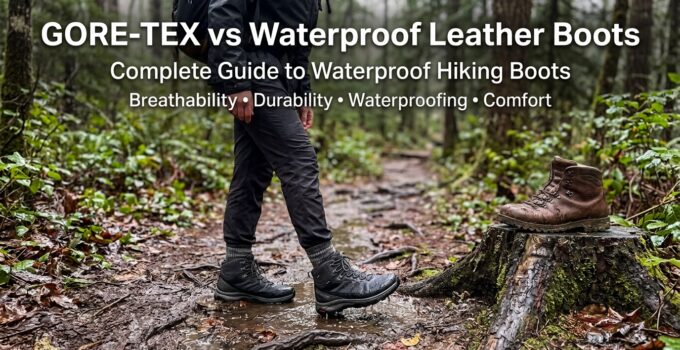 Comparison of GORE-TEX and waterproof leather hiking boots in a forest setting, highlighting breathability, durability, waterproofing, and comfort features.