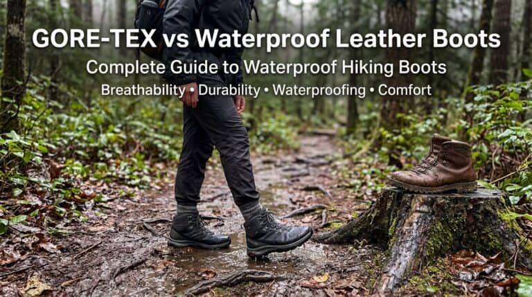 Comparison of GORE-TEX and waterproof leather hiking boots in a forest setting, highlighting breathability, durability, waterproofing, and comfort features.