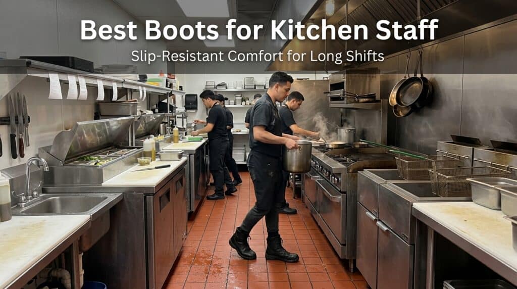 Kitchen staff wearing slip-resistant boots working in a commercial kitchen environment.