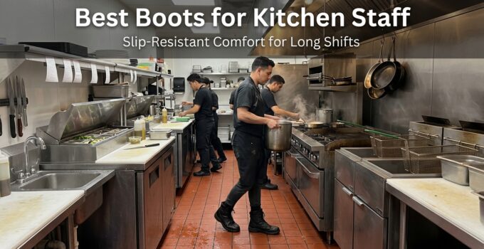 Kitchen staff wearing slip-resistant boots working in a commercial kitchen environment.