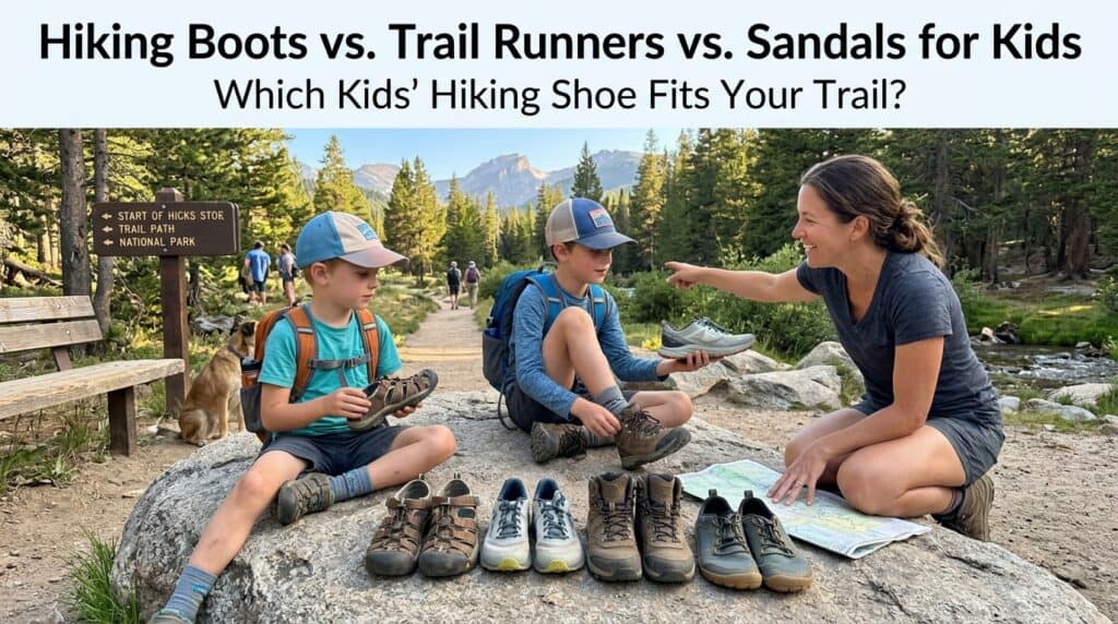 A woman and two kids sitting outdoors with hiking shoes, comparing different types of footwear for trail hiking.