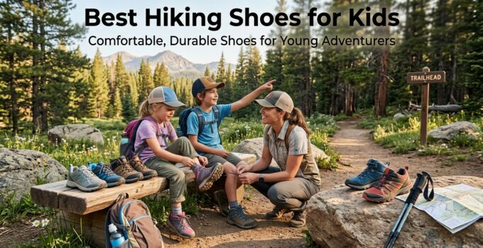 Group of kids with hiking shoes resting on a trail in a forested mountain area, ready for adventure.