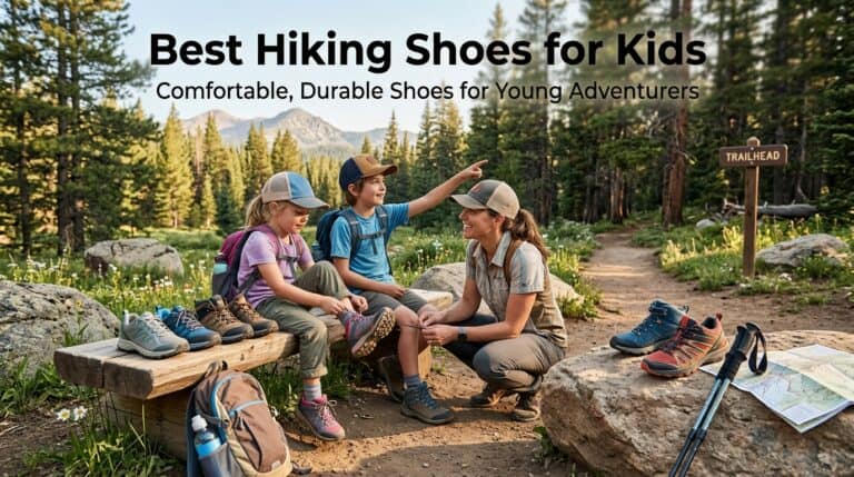 Group of kids with hiking shoes resting on a trail in a forested mountain area, ready for adventure.
