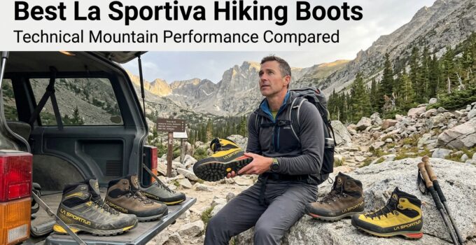 Hiker examining La Sportiva hiking boots in mountain landscape, showcasing rugged outdoor footwear for mountain trekking.
