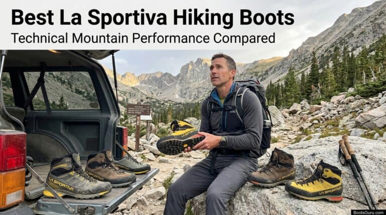 Hiker examining La Sportiva hiking boots in mountain landscape, showcasing rugged outdoor footwear for mountain trekking.