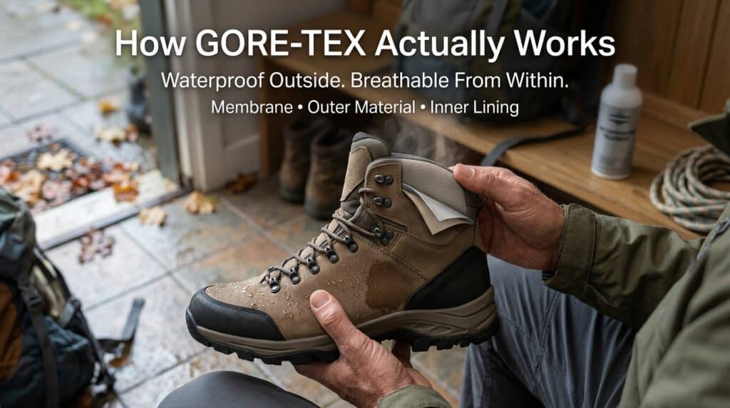 hiker inspecting waterproof boot… 202607271505