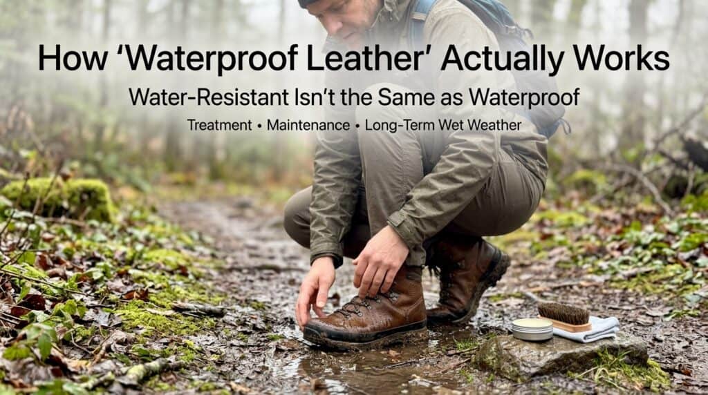hiker inspecting wet leather boots 202607271509