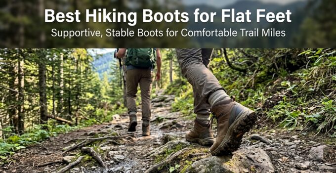 Two hikers wearing supportive hiking boots walking on a trail in a lush forest, emphasizing comfort and stability for flat feet.
