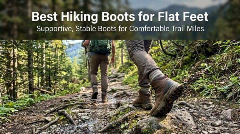 Two hikers wearing supportive hiking boots walking on a trail in a lush forest, emphasizing comfort and stability for flat feet.