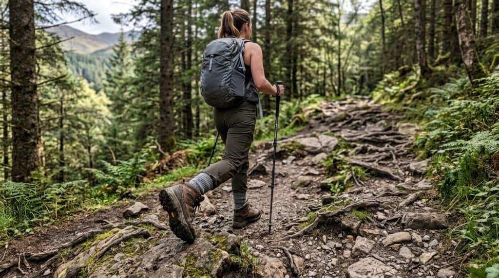Woman hiking on rugged forest trail with backpack and trekking poles, surrounded by tall trees and lush greenery.