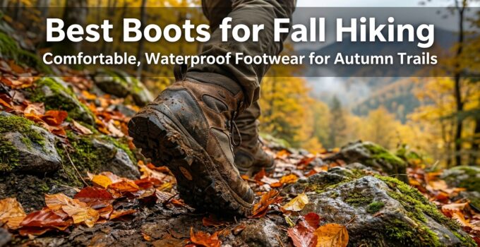 Close-up of hiking boots on a trail with autumn leaves, ideal for fall hiking and waterproof outdoor footwear.