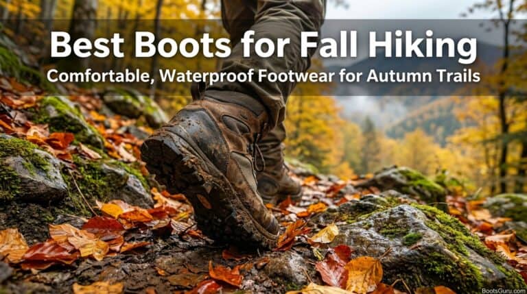 Close-up of hiking boots on a trail with autumn leaves, ideal for fall hiking and waterproof outdoor footwear.