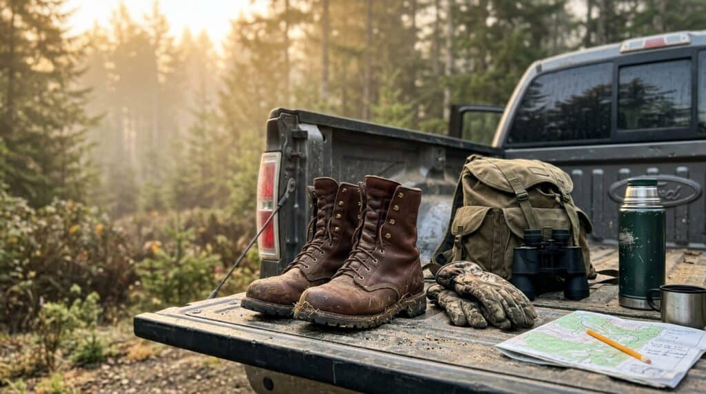 A pair of rugged hunting boots, binoculars, gloves, and a thermos on the tailgate of a pickup truck in a forest setting, ideal for budget hunting gear.
