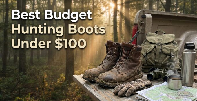 Pair of rugged hunting boots on a truck bed with outdoor gear in a forest setting, highlighting affordable hunting footwear options.