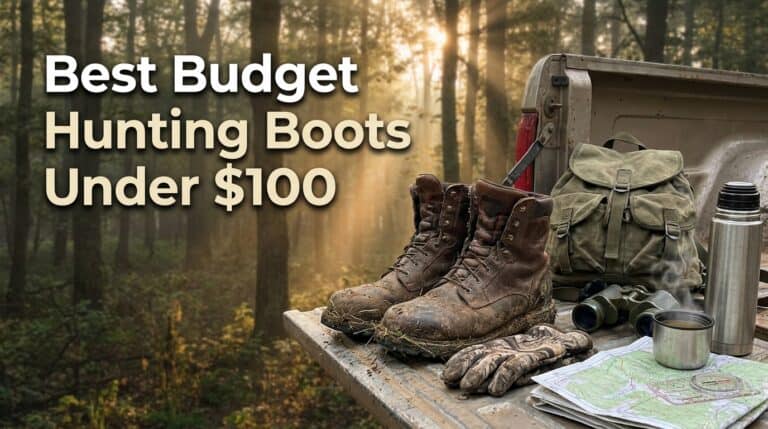 Pair of rugged hunting boots on a truck bed with outdoor gear in a forest setting, highlighting affordable hunting footwear options.