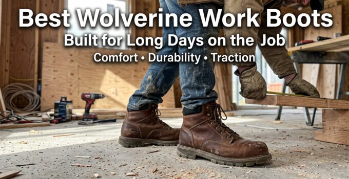 Close-up of a person wearing Wolverine work boots on a construction site, highlighting comfort, durability, and traction for long workdays.