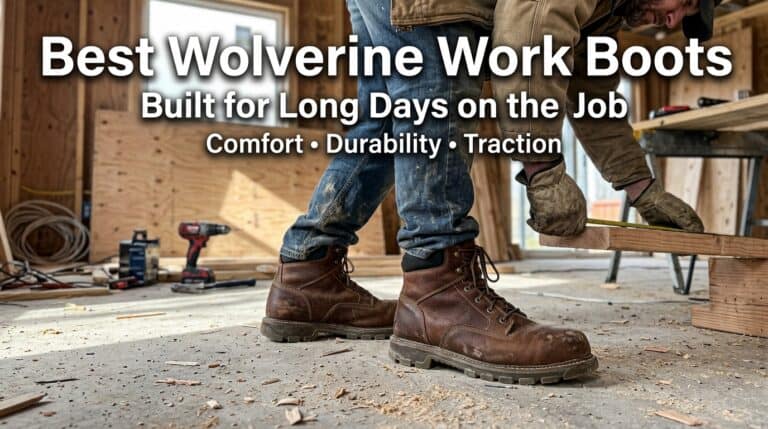 Close-up of a person wearing Wolverine work boots on a construction site, highlighting comfort, durability, and traction for long workdays.