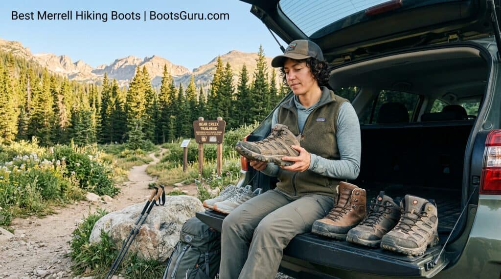Woman sitting on car trunk examining Merrell hiking boots with mountain landscape in background.