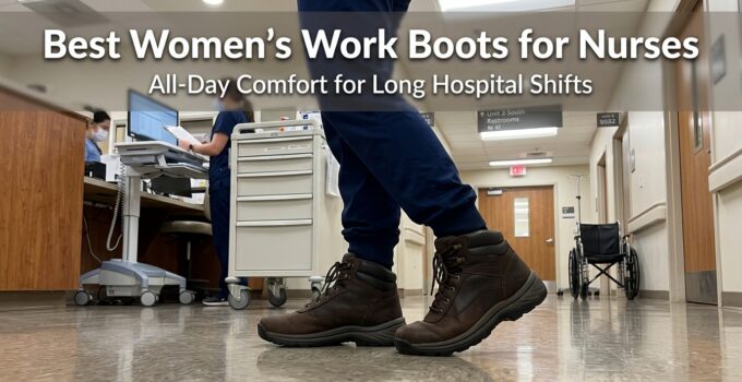 Close-up of a nurse wearing durable, comfortable work boots in a hospital corridor, emphasizing support and all-day comfort for long shifts.