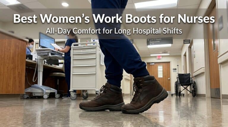 Close-up of a nurse wearing durable, comfortable work boots in a hospital corridor, emphasizing support and all-day comfort for long shifts.