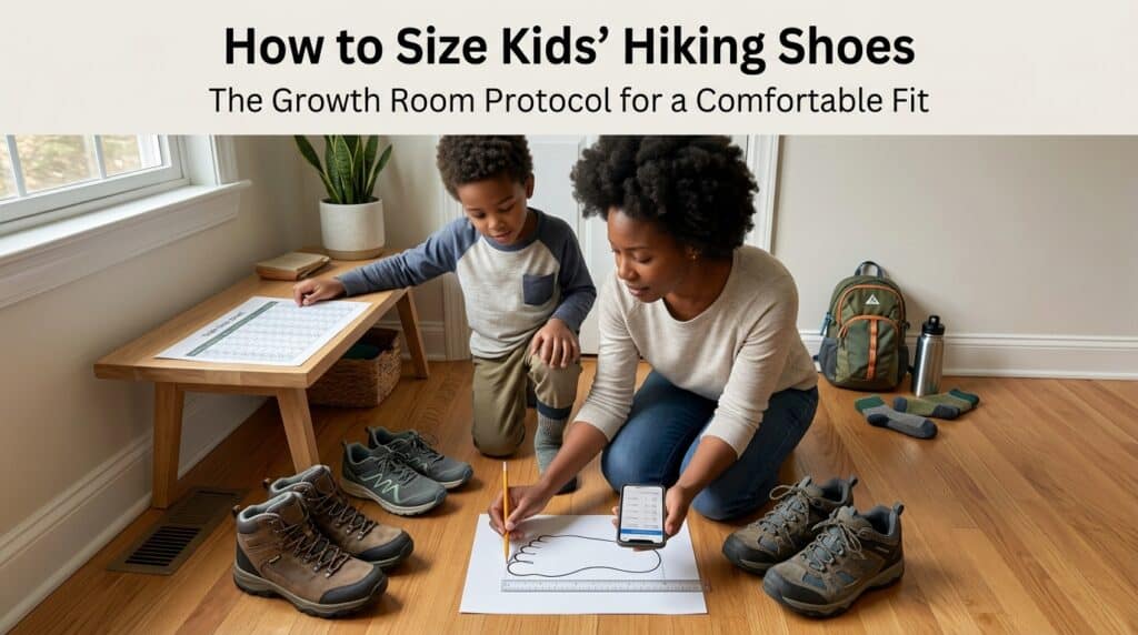A woman and a boy measuring and discussing kids' hiking shoes for proper fit and sizing.